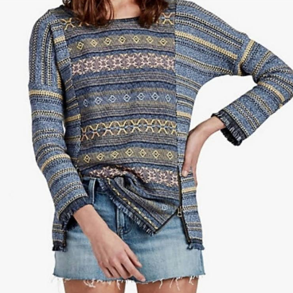Lucky Brand Mixed Media Fringe Sweater XS Escape Boho Southwest Knit Geo Aztec